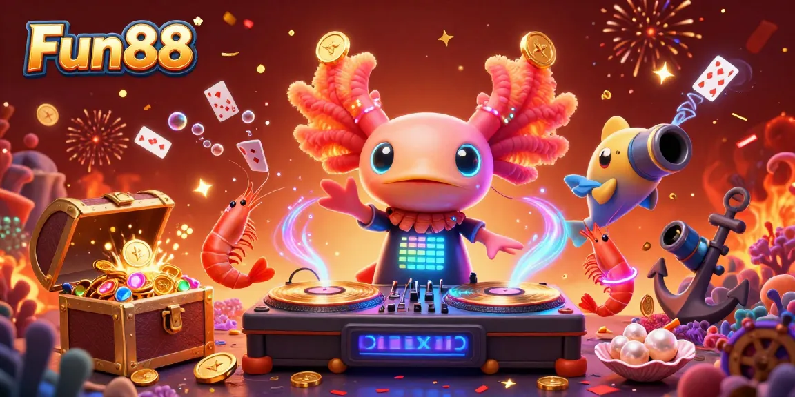 Engage in thrilling Fun88 undersea adventures with a vibrant DJ and dancing shrimp team amidst treasure and games.