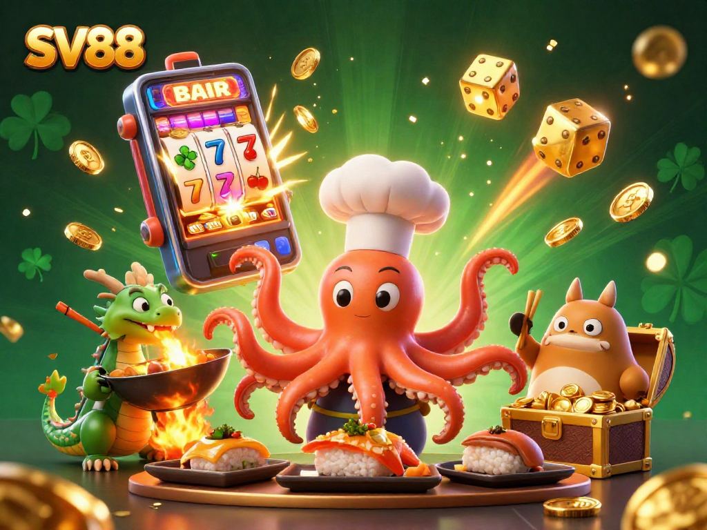 SV88 gaming scene featuring a sushi chef octopus, dragon, and tanuki amidst vibrant slot machine action.
