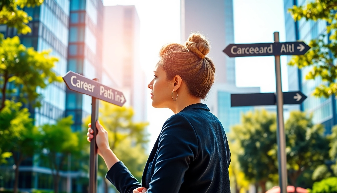 Explore pathways to your Ideal Career with a professional assessing options at a bright city signpost.