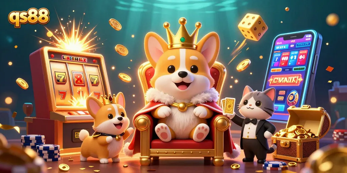 Experience the excitement of qs88 with a 3D rich casino scene featuring a regal corgi, vibrant slot machines, and dynamic gameplay elements.