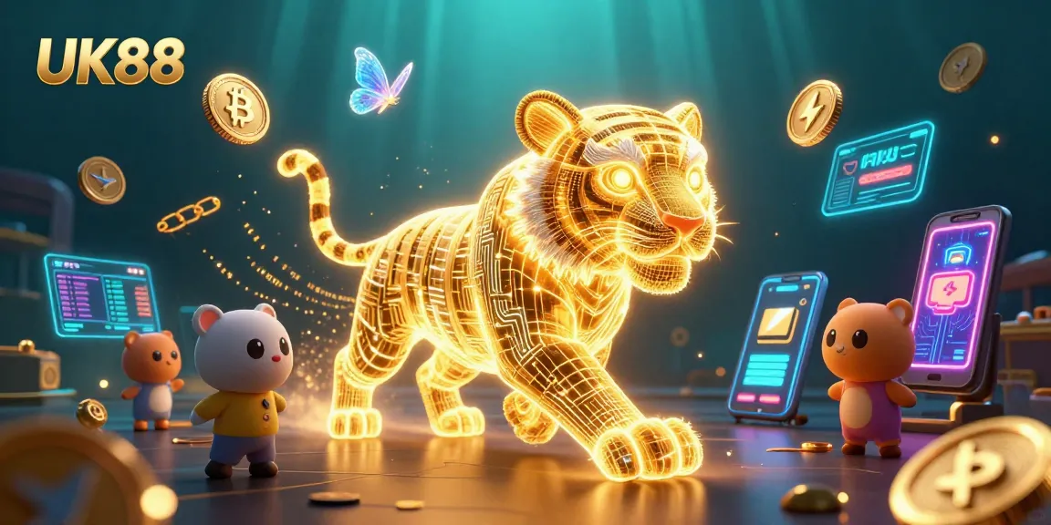 Experience thrilling gameplay at UK88 with neon visuals and crypto elements illuminating the digital casino.