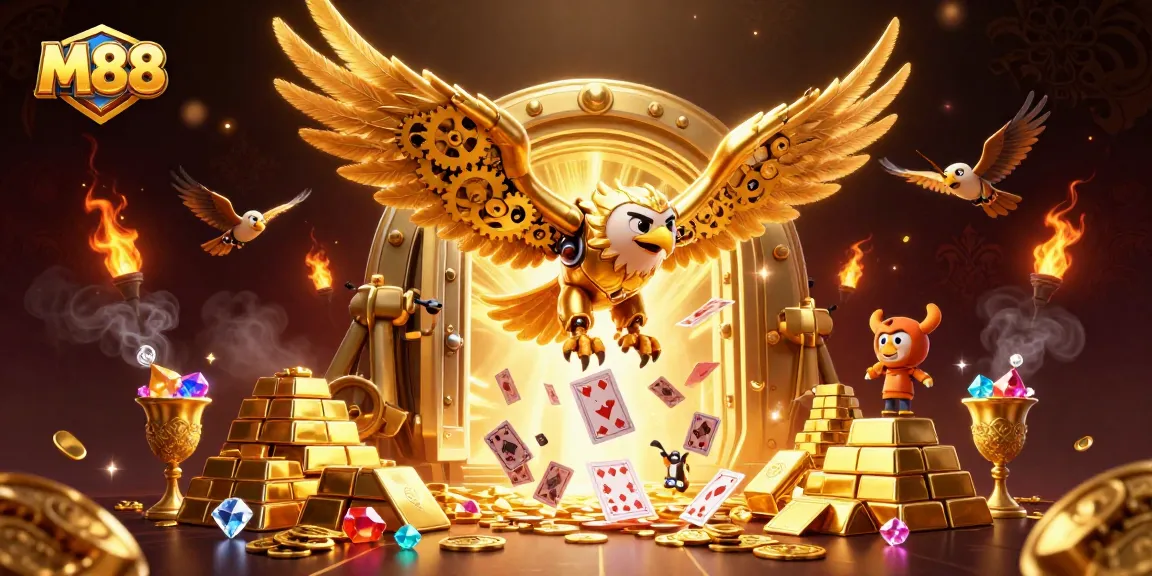 Experience thrilling moments with M88, where cybernetic eagles dive through casino cards amidst glowing treasures.