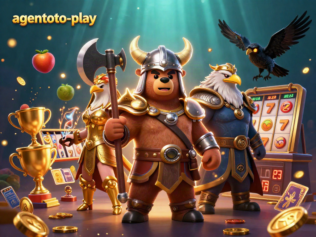 Mengunjungi agen judi online agentoto-play dengan slot video dan simbol keberuntungan dalam ilustrasi 3D yang dinamis.