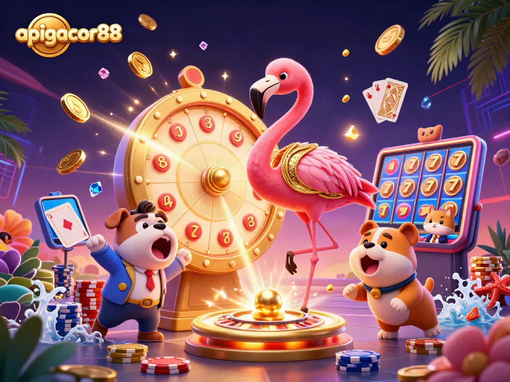 Win big with apigacor88's vibrant casino game scene featuring spinning roulette and sparkling prizes.