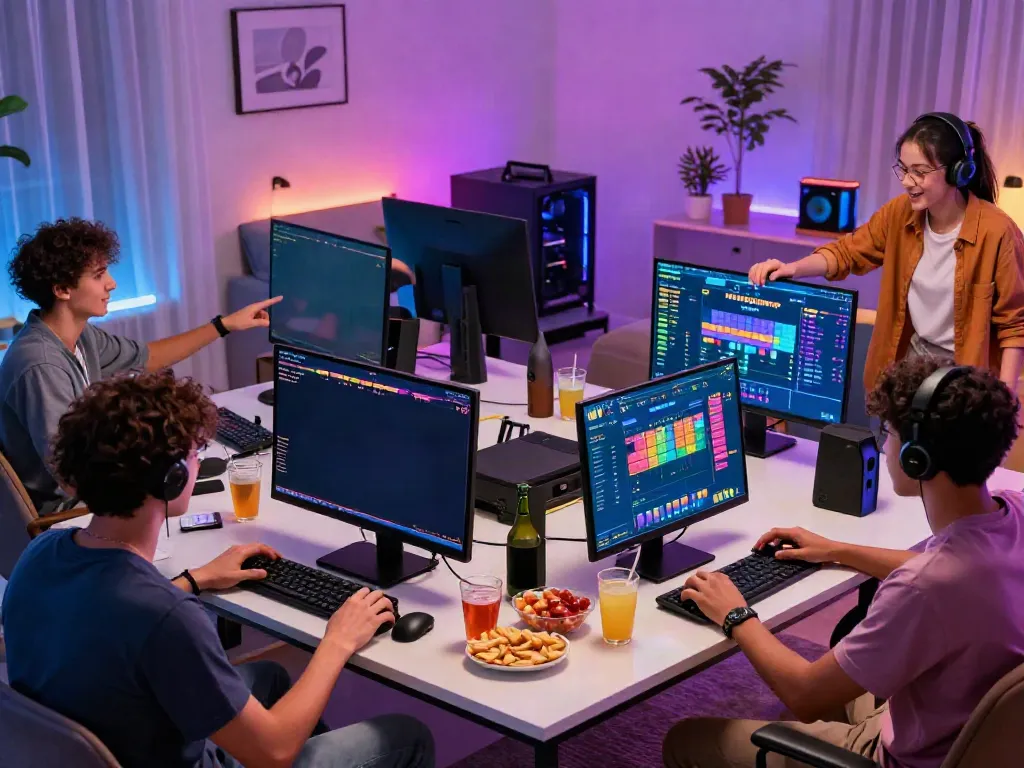 Engaging friends playing togel online in a cozy gaming environment with multiple screens.