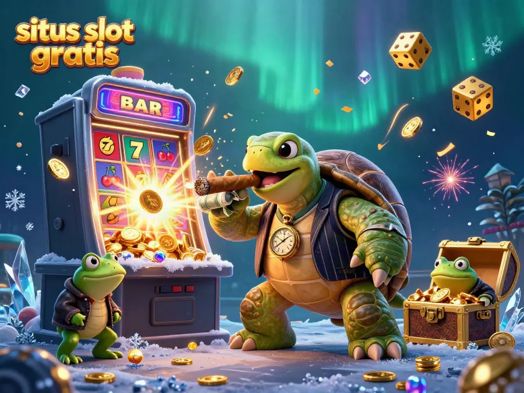 Experience thrilling fun with situs slot gratis featuring a lively casino scene with a turtle mobster and jackpot magic.