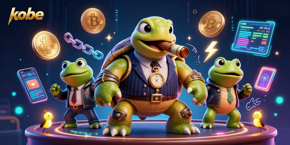 Kobe's 3D vibrant casino scene featuring a mobster turtle and frog enforcers among crypto elements.