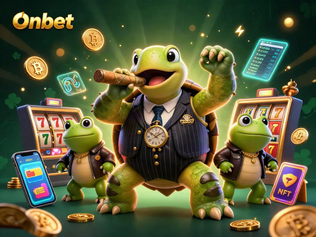 Engage with Onbet's 3D casino world featuring a turtle mobster and bullfrog enforcers surrounded by vibrant gaming elements.