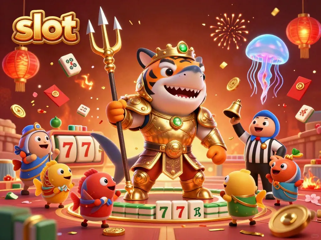 Gambarkan slot penuh keberuntungan dengan ikan kecil bersorak dan simbol buah di latar belakang berwarna cerah.