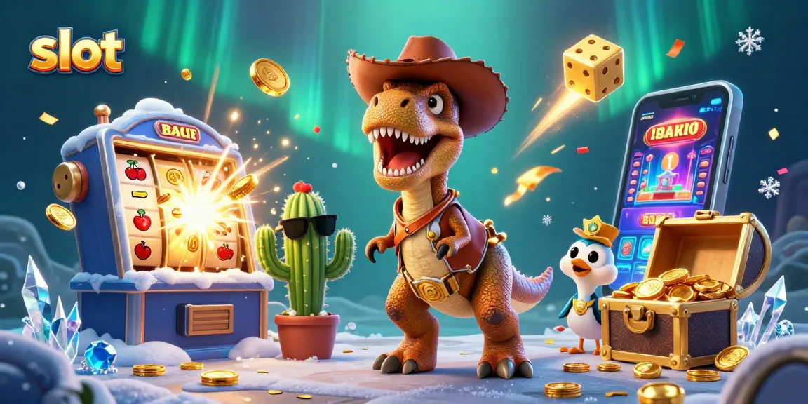 Memenangkan jackpot slot dengan karakter dinosaurus T-Rex, kaktus, dan burung pengantar dalam ilustrasi 3D yang menggembirakan.