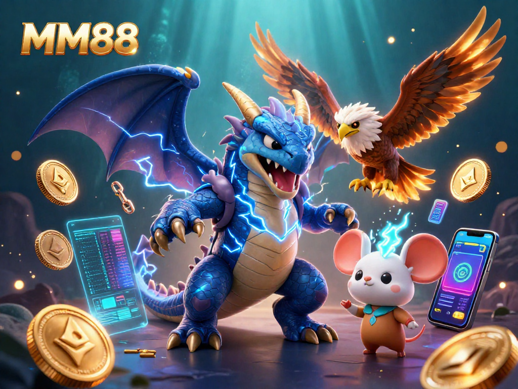Experience the thrill of MM88 with vibrant 3D casino characters and crypto elements in action.