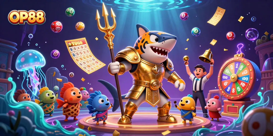 OP88 showcases an underwater casino adventure with a tiger shark in gladiator armor, vibrant lottery elements, and excitement