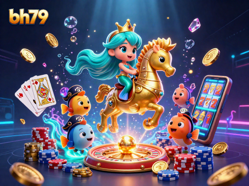 Engage in the exciting world of bh79 casino with a vibrant 3D illustration of a mermaid princess and a golden seahorse.