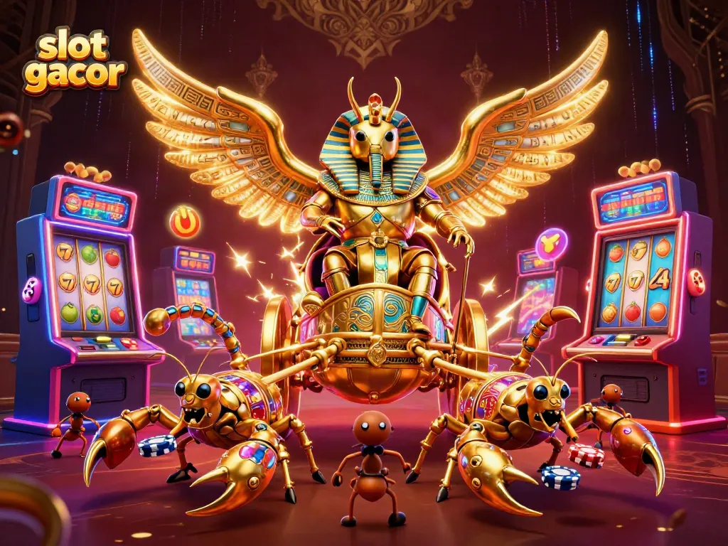 Engage with slot gacor action featuring a golden scarab beetle and rich casino imagery.