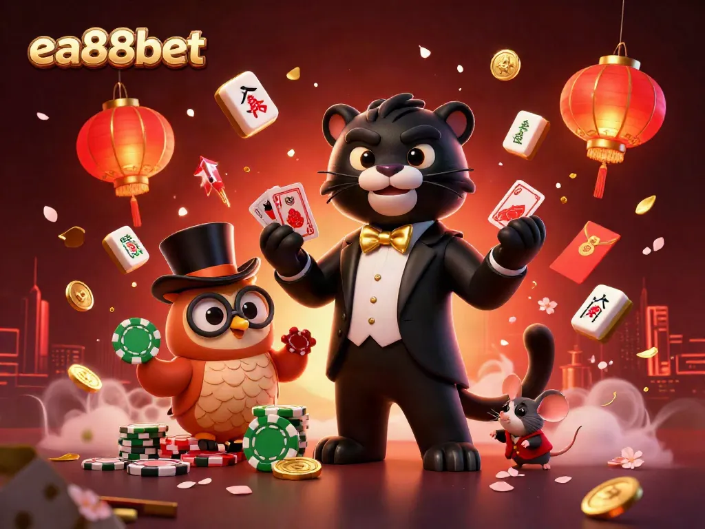 Experience the thrill of ea88bet with a vibrant casino scene featuring a tuxedo-clad panther, an owl with poker chips, and a lucky mouse.