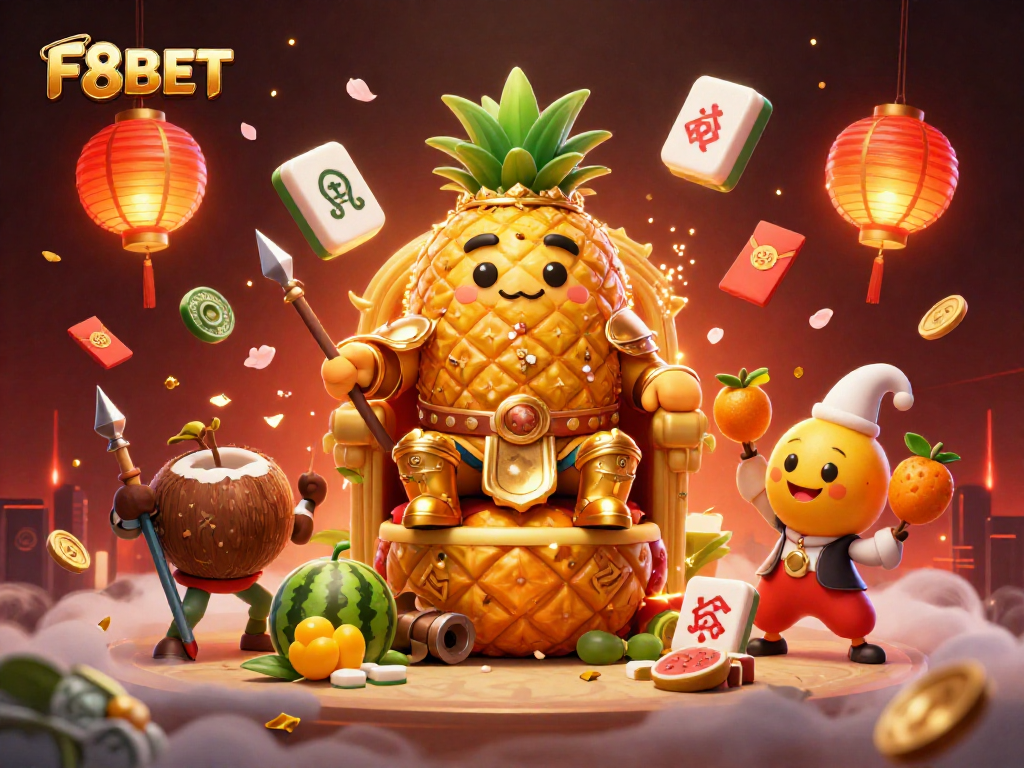 Engage with the vibrant world of F8BET featuring a golden pineapple king and festive casino elements.