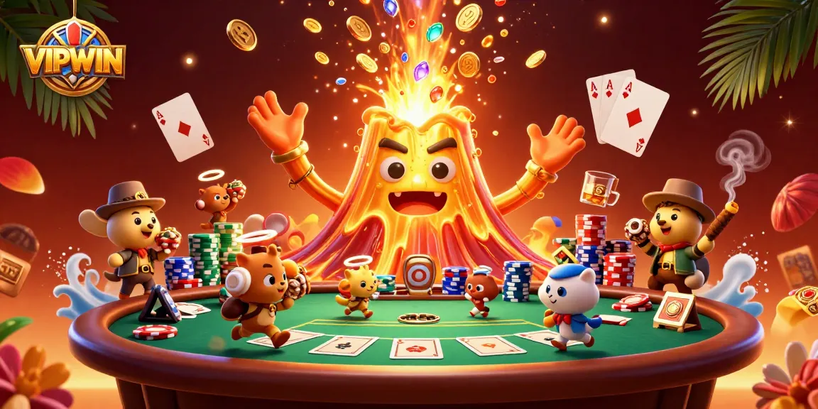 Experience the thrill of VIPWIN as golden treasures erupt from a volcanic scene filled with poker excitement.