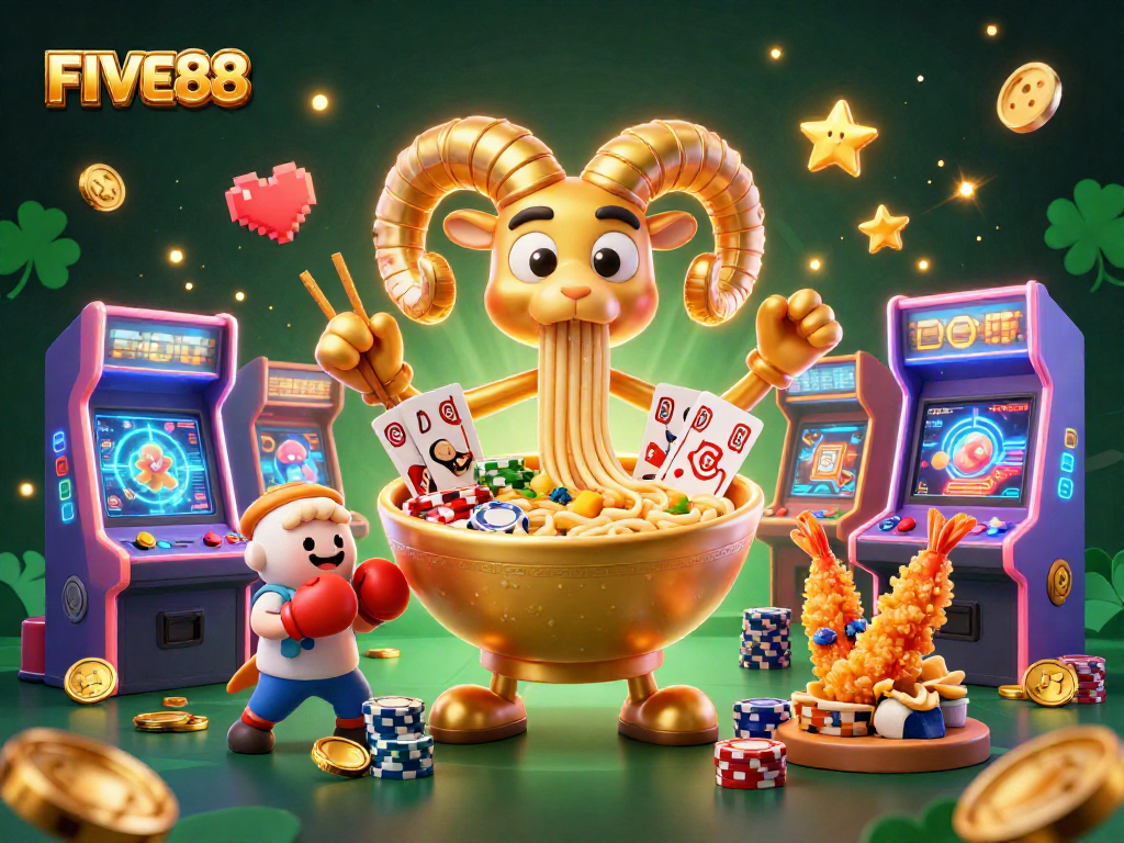 Experience the action at FIVE88 with a vibrant scene of giant ramen bowl characters playing cards, surrounded by dynamic casino elements.