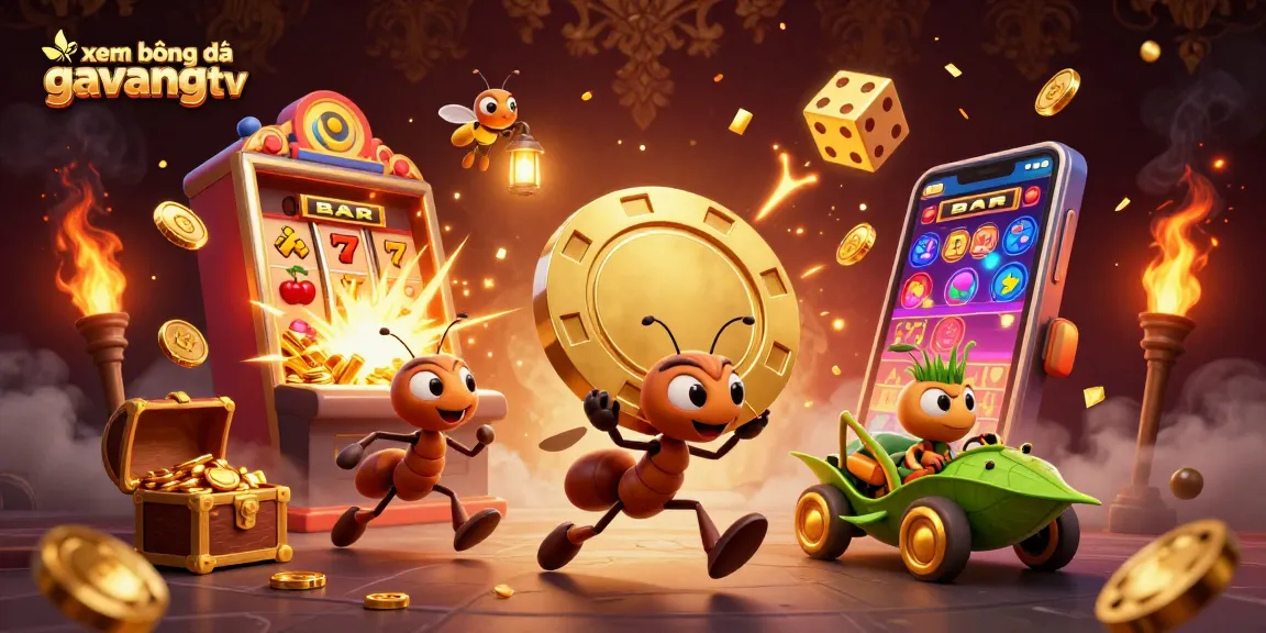 xem bóng đá gavangtv showcases a team of ants executing a heist with a golden poker chip amidst vibrant casino elements.