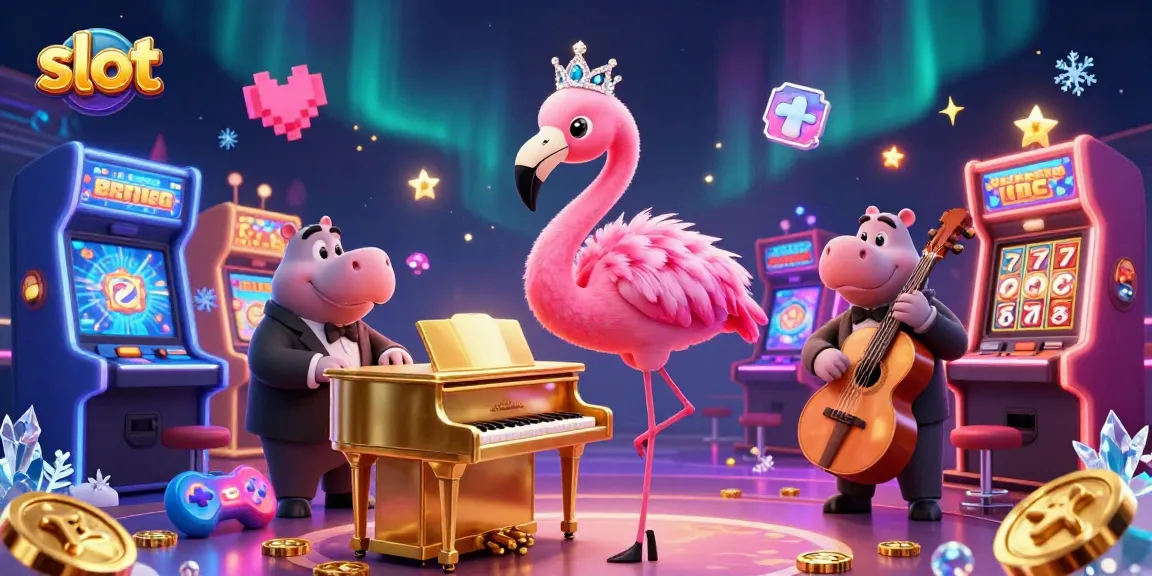 Mainkan slot online dengan gambar keceriaan, flamingo dan hippo di lingkungannya yang cerah dan menarik.
