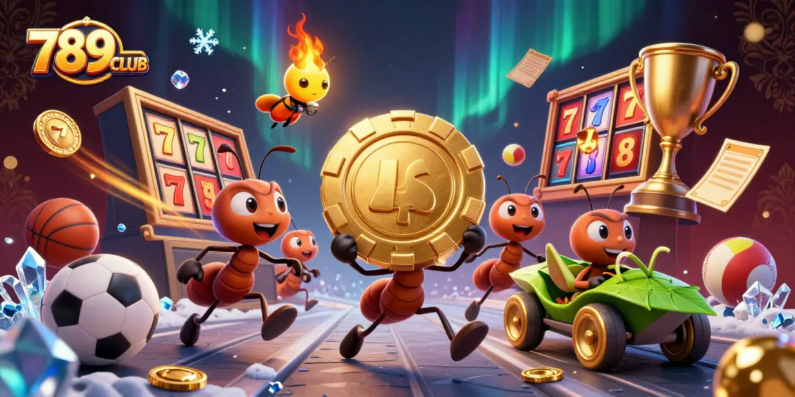 Engaging scene of 789CLUB with ant characters heisting a poker chip amidst casino elements and golden trophies.
