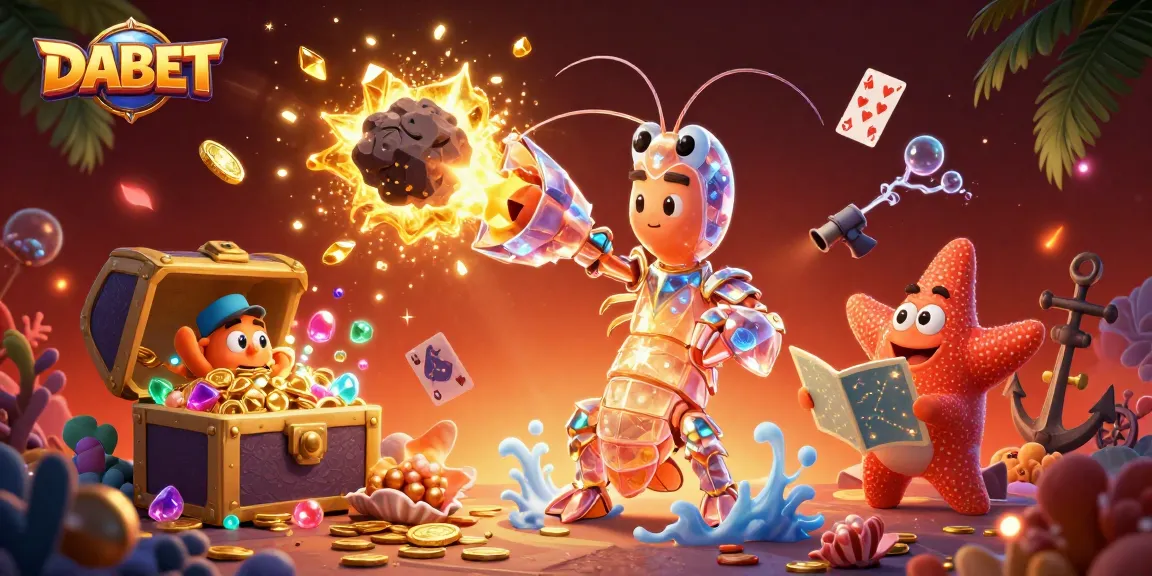 DABET spins into action, with a galactic mantis shrimp amidst coins and gems, revealing Casino excitement!