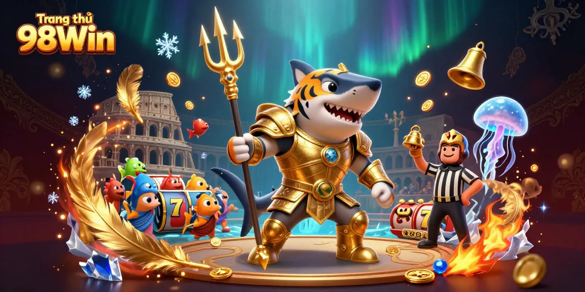 Engage in the thrilling atmosphere of Trang chủ 98Win with a dynamic illustration featuring a golden shark gladiator.