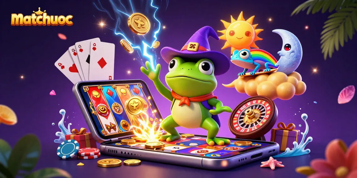 Spin with matchuoc: 3D wizard frog and chameleon surrounded by casino elements