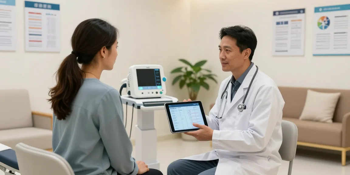 Heart failure clinic Abu Dhabi with patient discussing health plans with doctor in a modern, inviting setting.