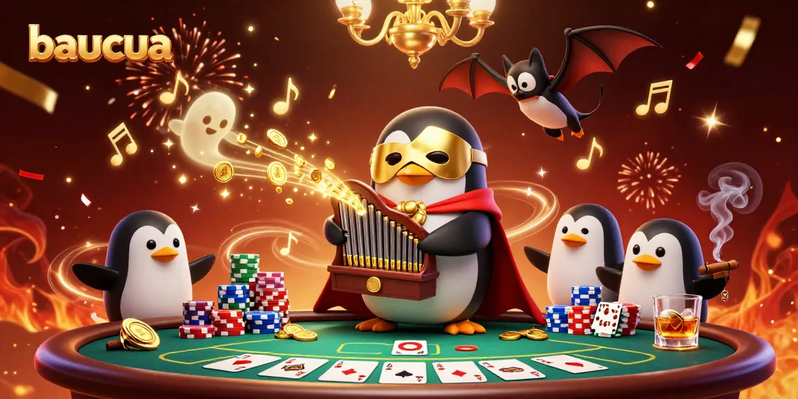 Experience the thrill of baucua with a whimsical scene featuring a penguin playing for gold!