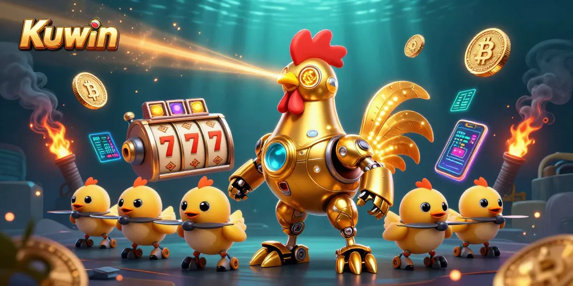 Kuwin slots come alive with a golden rooster robot and baby chick drones amidst vibrant jackpot visuals.