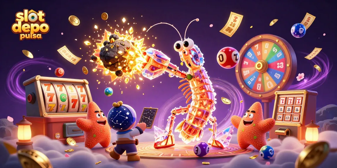 Spin to win on slot depo pulsa with a colorful casino scene bursting with gems and prizes.