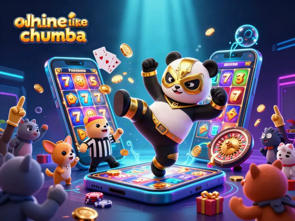 Experience excitement in online casinos like Chumba as a panda wrestler kicks amidst slot games and cheering animals.
