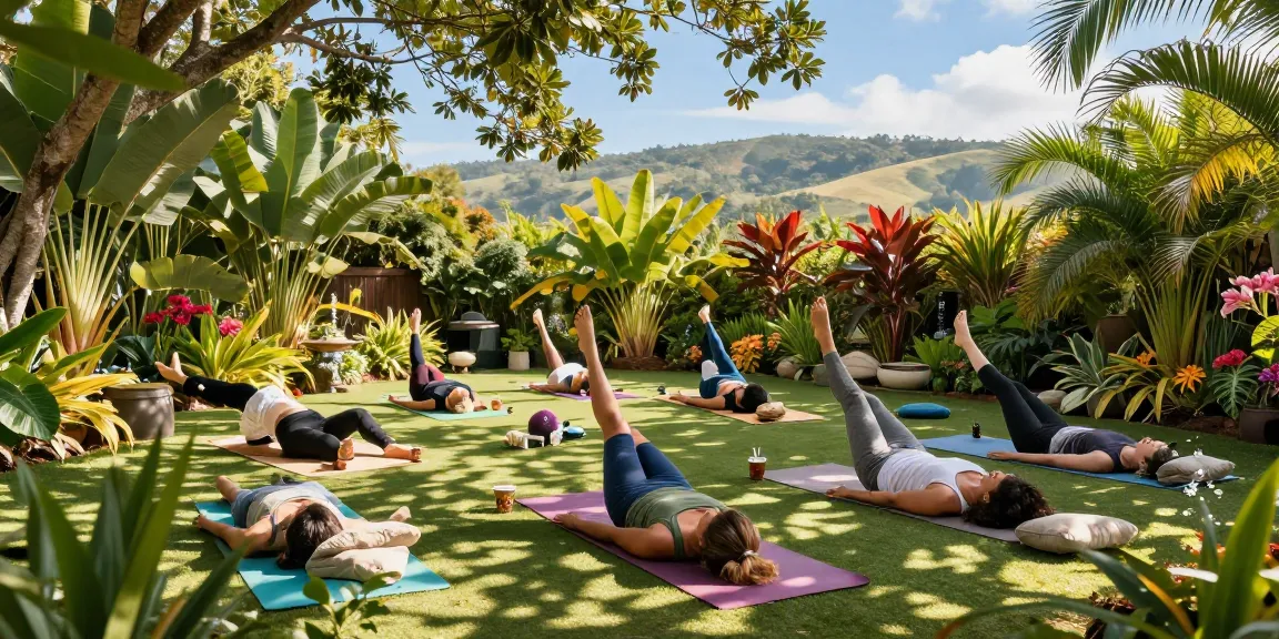 Yoga class in vibrant garden promoting mantra88 wellness and tranquility.