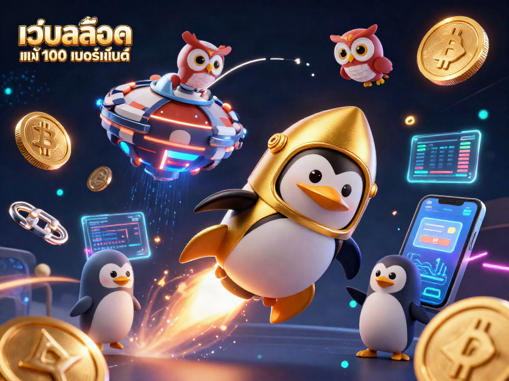 Experience the fun of เว็บสล็อต แท้ 100 เปอร์เซ็นต์ with this vibrant 3D illustration featuring a golden penguin and casino elements.