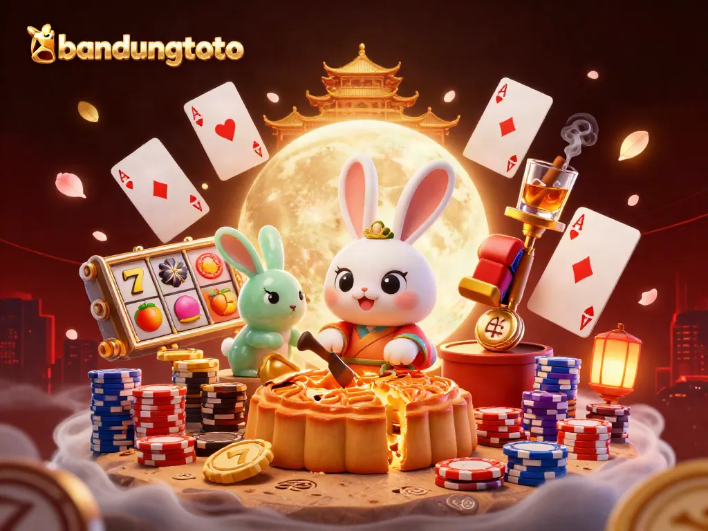 Join the fun with bandungtoto as the moon rabbit crushes treats revealing poker chips in a vibrant casino scene.