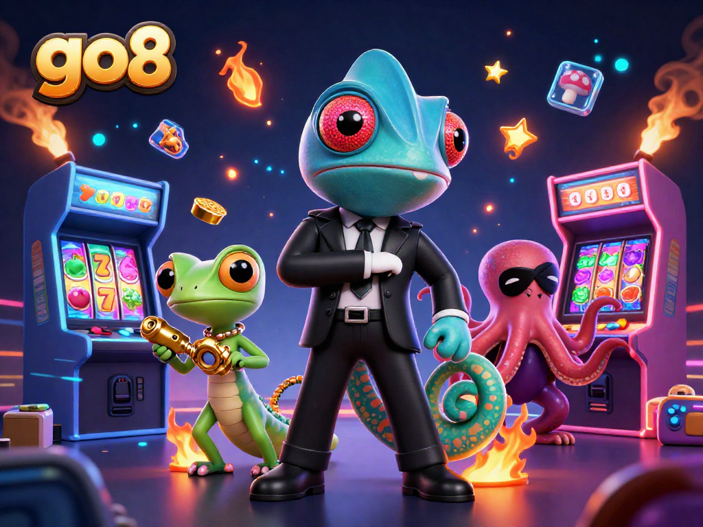 Play slots and win big at go8 with a vibrant illustration of a chameleon, gecko, and octopus in competition.