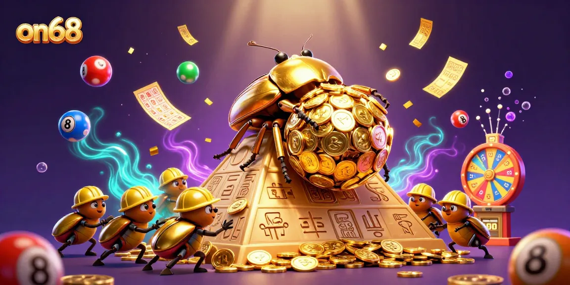 Experience on68 with vibrant lottery elements in a dynamic, colorful 3D casino illustration.