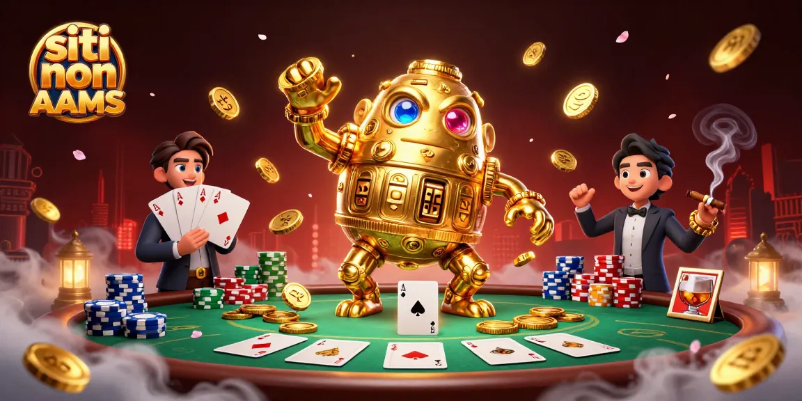 Esplora i siti non AAMS con questa vibrante illustrazione di un antico golem dorato circondato da tavoli da poker e simboli di gioco.