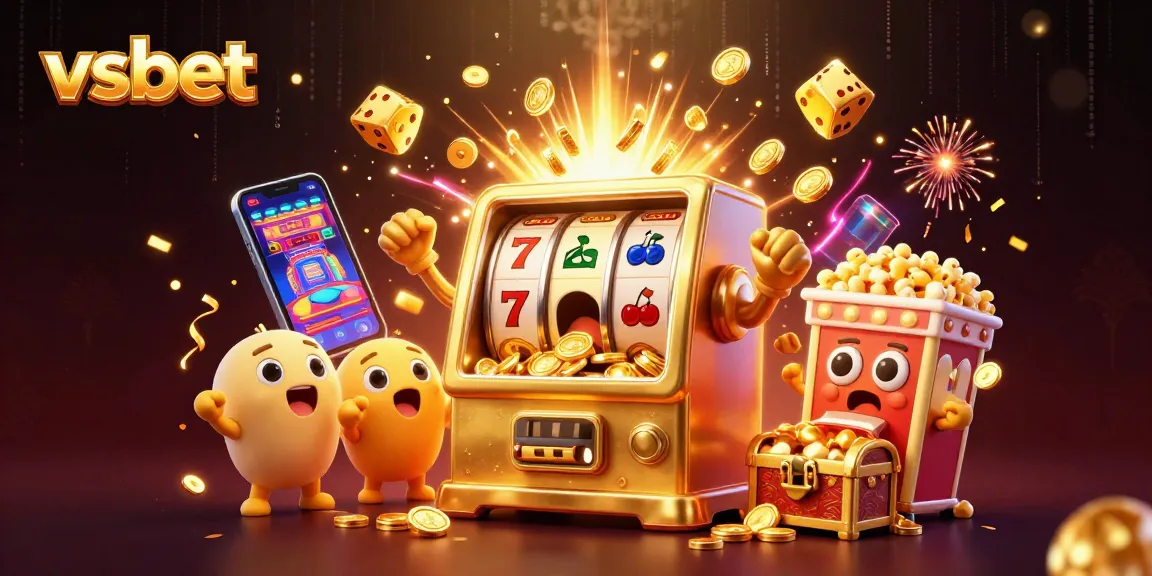 Experience victory with VSBET's golden slot machine hitting a jackpot, surrounded by cheering baby slots.