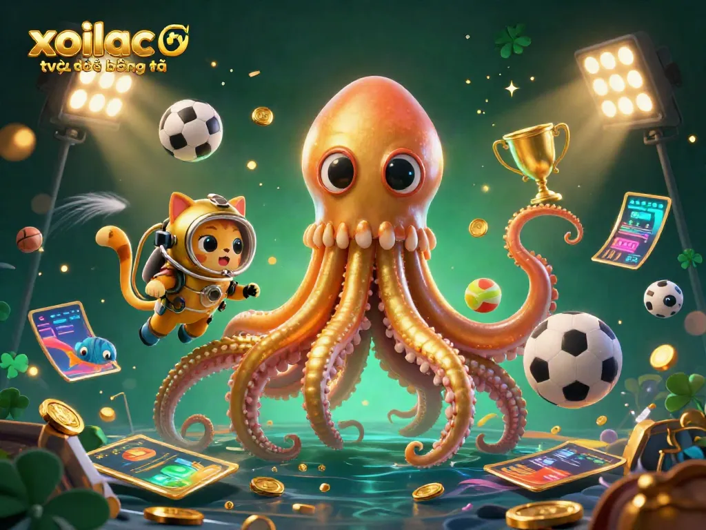 Experience thrilling sports betting with xoilac tv trực tiếp bóng đá as kraken, diving cat, and fish surround dynamic elements.