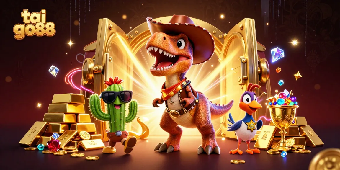 Engage in thrilling gameplay at tai go88 with cartoon dinosaur, treasures, and vibrant casino elements.
