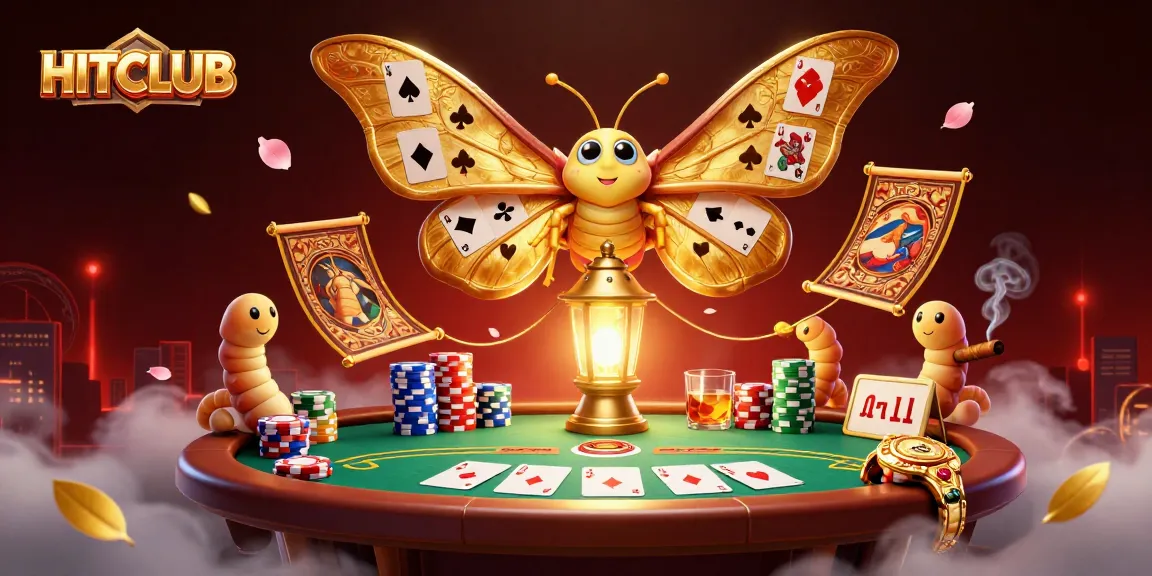 Experience the excitement of HITCLUB with vibrant casino scenes featuring a majestic moth, poker tables, and shimmering chips.