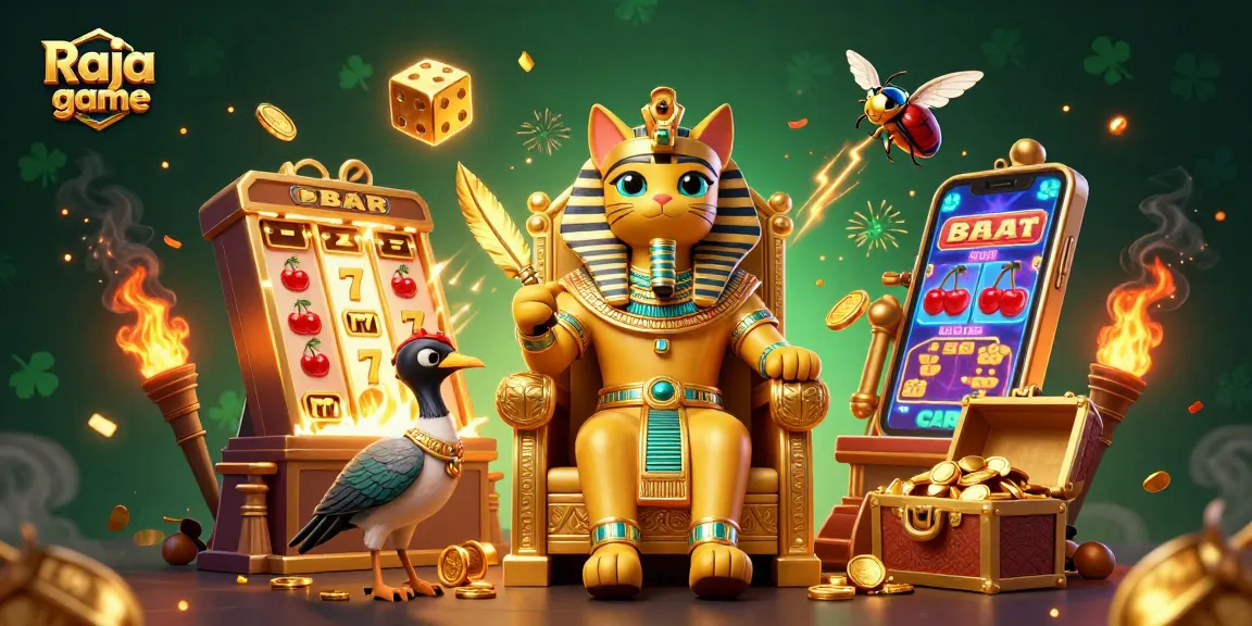 Engage with the exciting Raja game, surrounded by vibrant gaming elements, reels, and gold treasures.