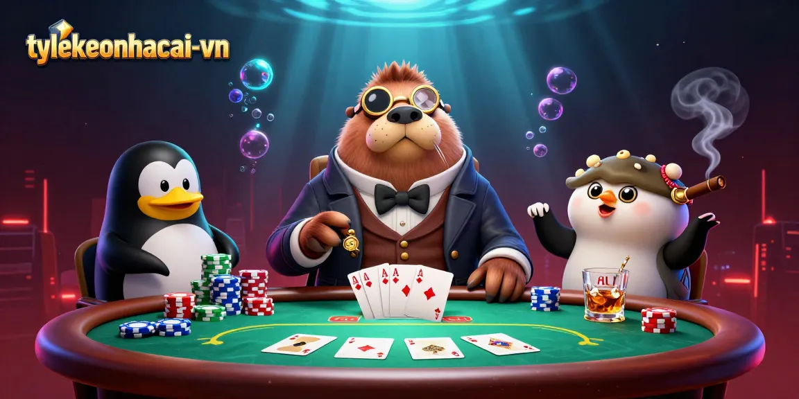 Engage with tylekeonhacai-vn's underwater poker scene featuring a walrus, penguin dealer, and a bluffing pufferfish.