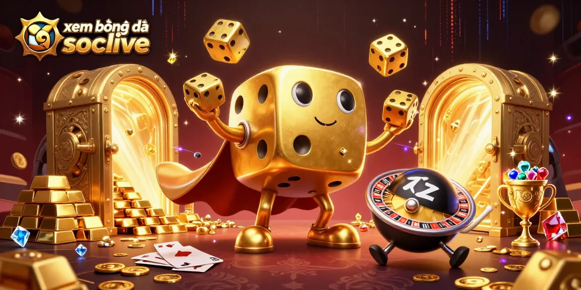 Xem bóng đá socolive with a golden dice golem and vibrant casino elements in a 3D illustration