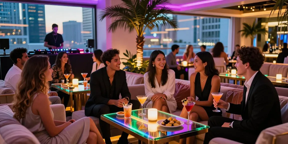 Friends enjoying drinks at a lively 오피사이트 lounge with vibrant urban nightlife ambiance