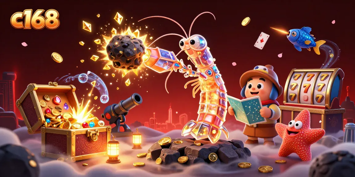 C168 engages players with dynamic casino elements, showcased through a galactic mantis shrimp and starfish.
