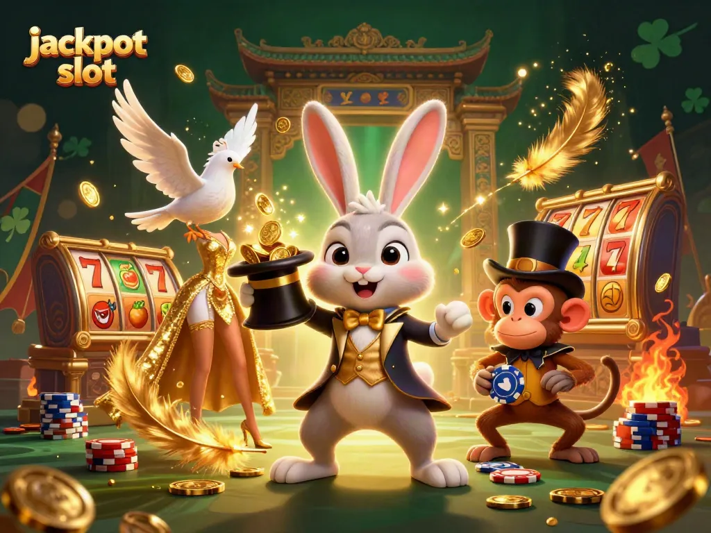 Spin the jackpot slot with a whimsical scene featuring a magician rabbit, a sequined dove, and a playful monkey.