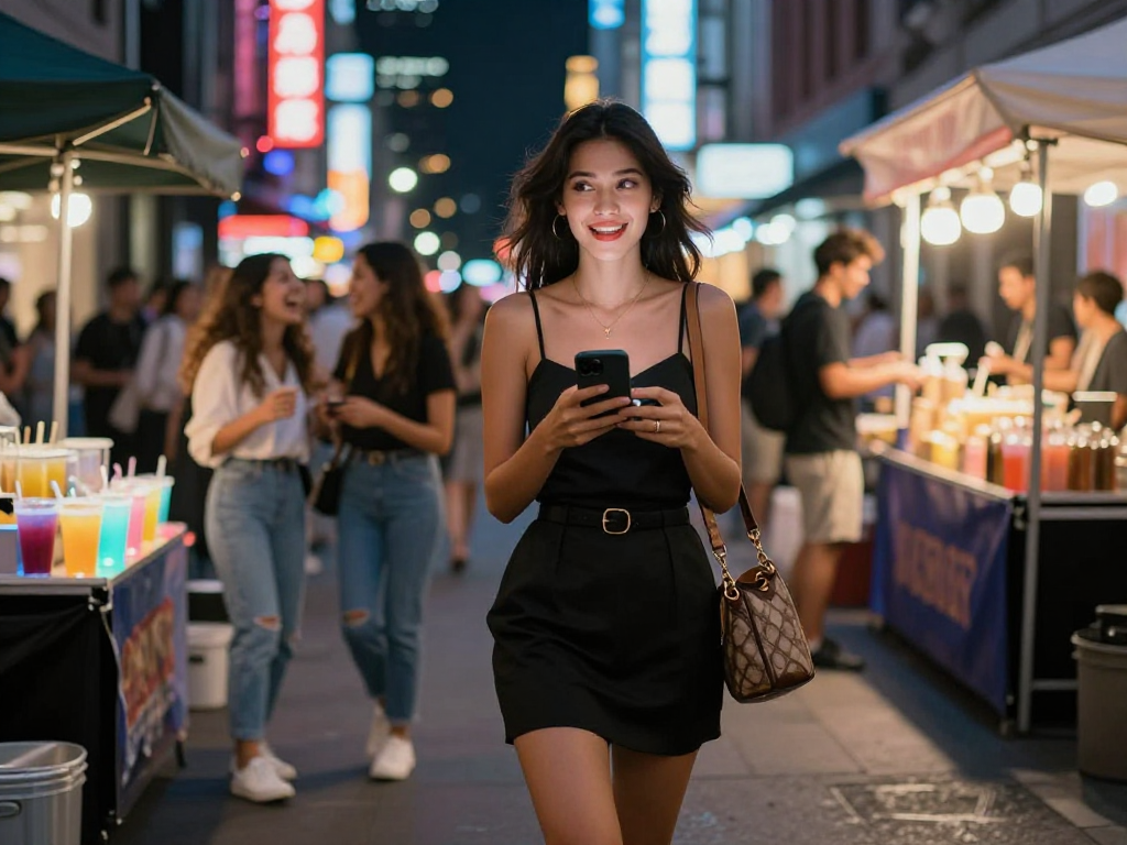 Gái gọi trong khung cảnh phố đêm sôi động, mang đến vẻ đẹp và sự trẻ trung.